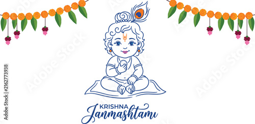 Adobe Illustrator ACute baby Krishna eating butter line art illustration with flower garland for Janmashtami festival greeting cardrtwork