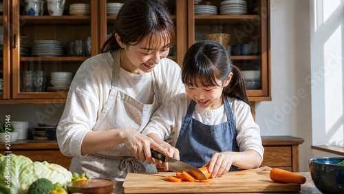 Naklejka 母と娘が台所でにんじんを切る 親子の食育と料理の時間