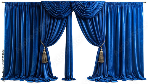 Richly draped royal blue velvet curtains with ornate detailing and elegant gold tassel tiebacks. Ideal for theatrical or formal settings