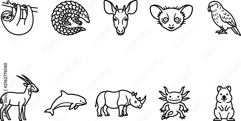Naklejka premium Endangered wild animal icon set featuring minimal line art illustrations of sloth pangolin rhinoceros axolotl quokka dolphin and exotic wildlife conservation elements
