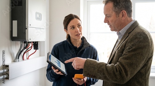 Technician Explaining Solar Inverter Data to Customer on Tablet