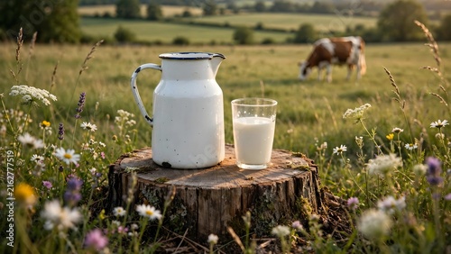 Fresh milk in a vintage pitcher and glass on a tree stump in a sunny summer meadow.