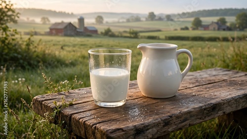 Fresh milk in glass and pitcher on rustic wooden bench at sunrise on a rural dairy farm