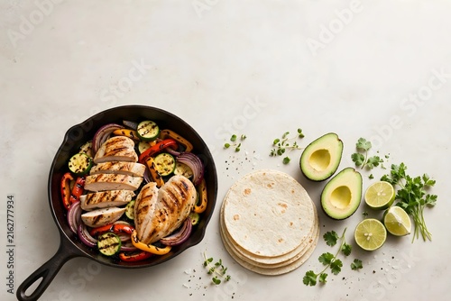 Grilled chicken fajitas in cast iron skillet with tortillas and fresh avocado on table