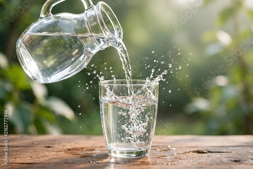 Fresh water pouring from glass pitcher into a clear drinking glass with splashing droplets