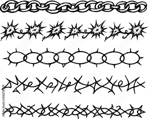 Set of silhouettes braids borders. Twisted Rope Decorative Elements. Barbed Wire black and white illustration. Barbwire hand drawn doodle. Intertwined Chain Link, Thorn, Spiral motifs Scribble Line. 
