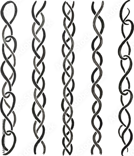 Set of silhouettes braids borders. Twisted Rope Decorative Elements. Barbed Wire black and white illustration. Barbwire hand drawn doodle. Intertwined Chain Link, Thorn, Spiral motifs Scribble Line. 