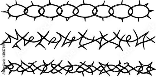Set of silhouettes braids borders. Twisted Rope Decorative Elements. Barbed Wire black and white illustration. Barbwire hand drawn doodle. Intertwined Chain Link, Thorn, Spiral motifs Scribble Line. 