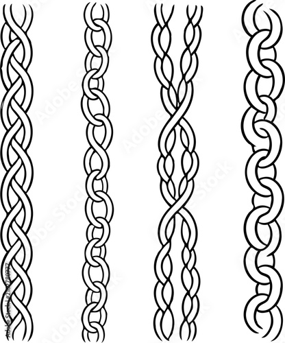 Set of silhouettes braids borders. Twisted Rope Decorative Elements. Barbed Wire black and white illustration. Barbwire hand drawn doodle. Intertwined Chain Link, Thorn, Spiral motifs Scribble Line. 