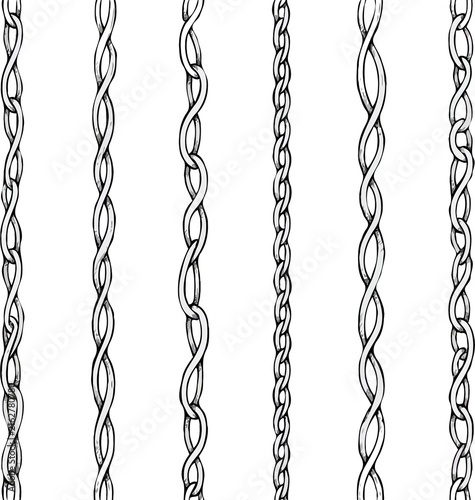 Set of silhouettes braids borders. Twisted Rope Decorative Elements. Barbed Wire black and white illustration. Barbwire hand drawn doodle. Intertwined Chain Link, Thorn, Spiral motifs Scribble Line. 