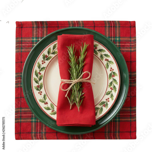 Christmas table setting with plaid placemat, plates, red napkin, and rosemary isolated on white isolated on transparent background