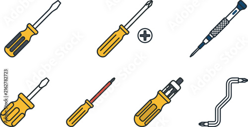 Bild auf Leinwand Screwdriver hand tools vector icons set with flathead phillips precision stubby