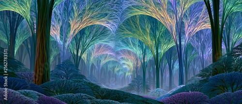 Surreal fractal forest with colorful glowing trees and fantasy landscape