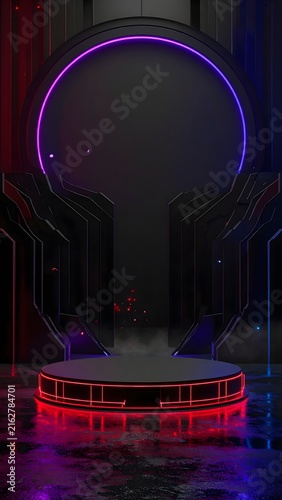 Futuristic stage with neon lights in cyberpunk style, glowing red and blue lights on a podium in a dark, atmospheric space.