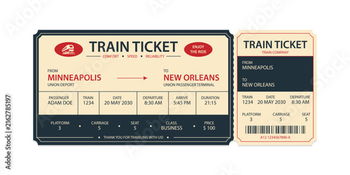 Vector flat train ticket template with passenger information and trip.