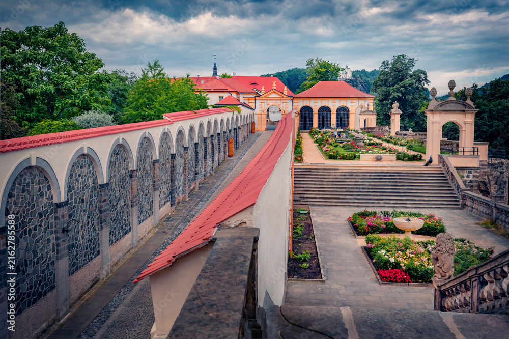 Fototapeta premium Spectacular summer view of Rose Garden in Decin Castle. Dramatic morning cityscape of Decin town, Usti nad Labem Region, Czech Republic, Europe. Traveling concept background.