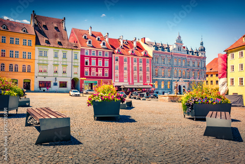 Impressive summer cityscape of Cheb - town in the Karlovy Vary Region. Amazing afternoon scene of old colorful buildings, Czech Republic, Europe. Traveling concept background.