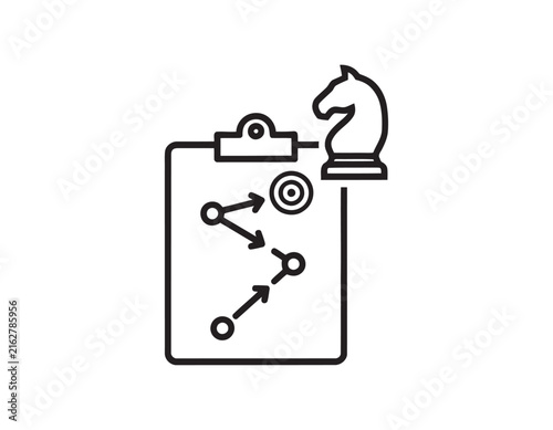 A line art icon of a clipboard displaying a strategic path with a chess knight piece