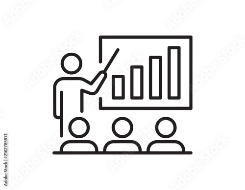 A line art icon showing a presenter standing in front of a whiteboard with a bar chart, teaching a group of students