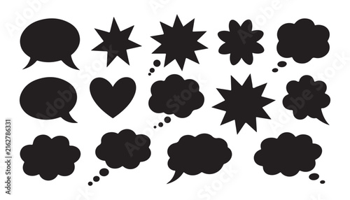 Black speech bubbles, thought bubbles, hearts, and star shapes for comic and design elements.