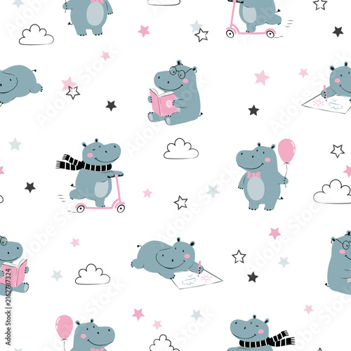 Cute little hippo seamless pattern. Vector print with cartoon hippopotamus in childish style