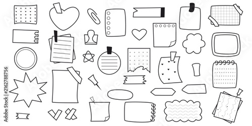 Stickers, notes, memo doodle sketch style set. Cute sticky notes and papers for notes, diary design, social media, vector graphics