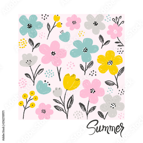Doodle floral colourful set. Fashion print with cartoon flowers
