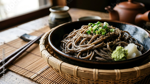 Traditional japanese soba noodles served on bamboo zaru basket with condiments japanese chopsticks scallion traditional delicious oriental restaurant