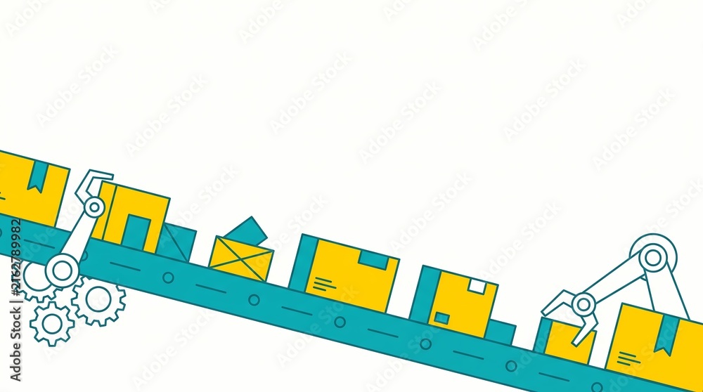 Obraz premium Automated logistics and smart factory concept showing robotic arms sorting yellow packages on a diagonal conveyor belt in a flat design graphic featuring massive top copy space.