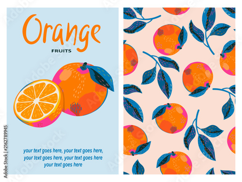Set of orange fruits doodle posters. Vector citrus print with hand drawn oranges, branches and leaves