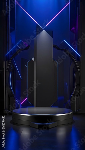 Futuristic stage with geometric shapes and vibrant neon lights, ready for a grand presentation or performance.
