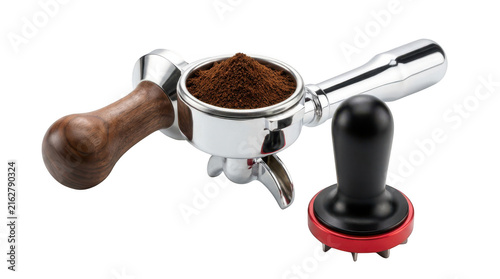 Espresso portafilter with coffee grounds and a coffee distributor tool isolated on transparent background
