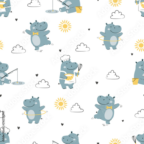 Cute little hippo seamless pattern. Vector print with cartoon hippopotamus	