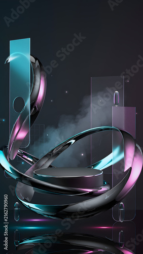 Black Friday & Cyber Monday:Abstract futuristic stage with metallic swirls, neon lights, and smoke, creating a dramatic and modern backdrop.