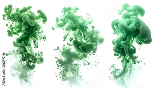 Three isolated plumes of emerald and pale green liquid artfully swirling against a pure black background