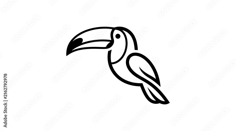Fototapeta premium Minimalist black and white line art illustration of a tropical toucan bird. Simple exotic animal graphic design element.