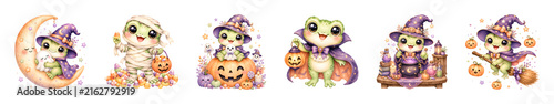 Cute Frog Witch with Pumpkins, Candy and Mummy Halloween Watercolor Illustration Isolated on Transparent Background.