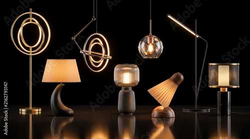 Modern glowing lamps collection on black background showcasing stylish lighting design