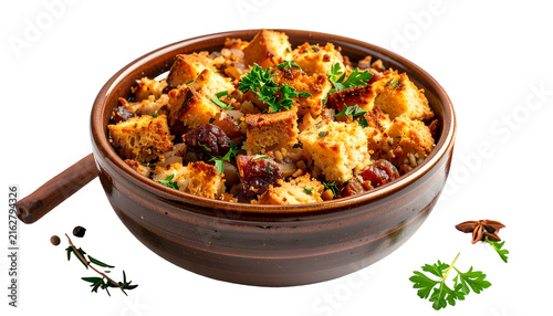 Close-up of baked bread stuffing with herbs and vegetables in a ceramic bowl, isolated against a black background