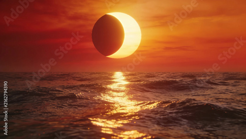 High-resolution professional stock photo of partial solar eclipse at sunset over open ocean with powerful golden reflection on water.
