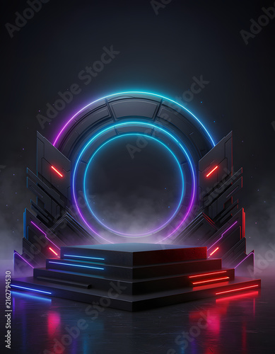 Black Friday & Cyber Monday:Futuristic glowing neon stage podium with futuristic structure and smoke effects, for product display or event.