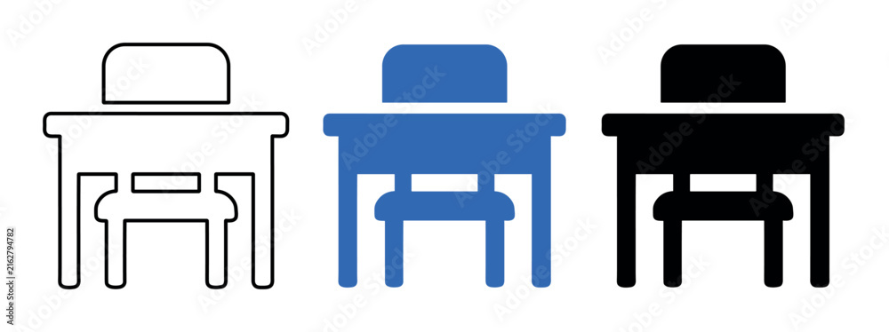 Fototapeta premium Three stylized desk and chair icons are displayed in a row, featuring outline, solid blue, and solid black versions on a white background