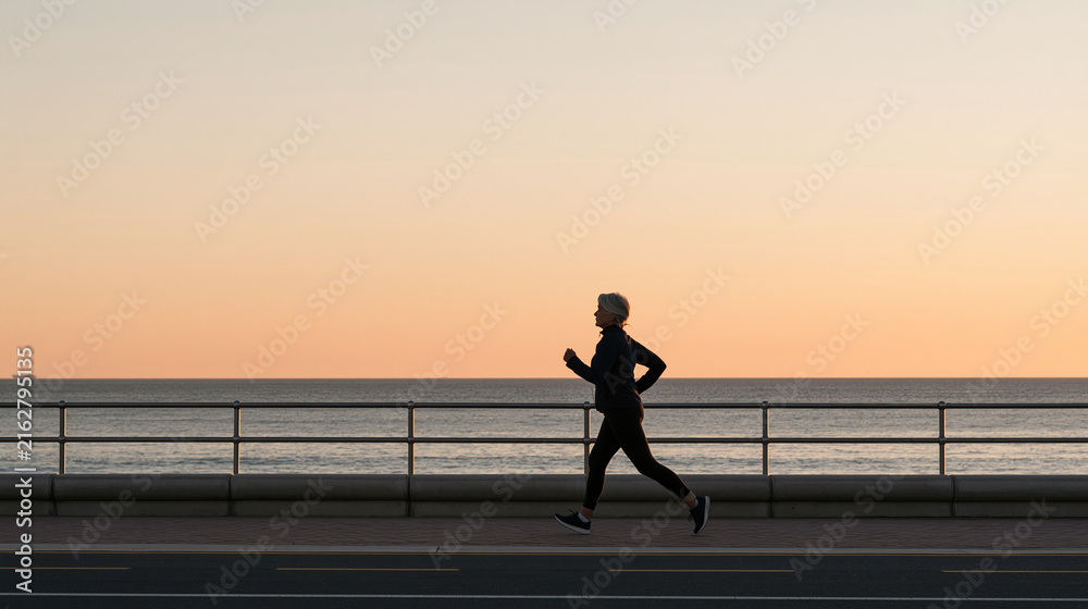 Fototapeta premium Active senior woman jogging and walking along a scenic coastal boardwalk during sunset, healthy aging, active retirement, outdoor cardio, fitness lifestyle, longevity, wellness