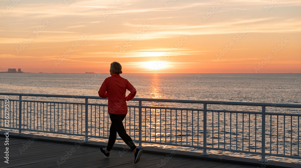 Fototapeta premium Active senior woman jogging and walking along a scenic coastal boardwalk during sunset, healthy aging, active retirement, outdoor cardio, fitness lifestyle, longevity, wellness
