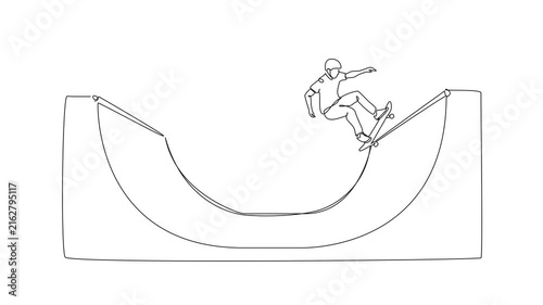 animated continuous line drawing of skateboarder performing trick in halfpipe, line art animation