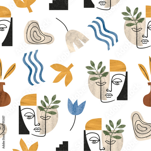 Abstract face and geometric shapes seamless pattern. Vector minimalistic print