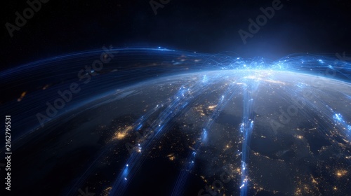 Futuristic visualization of global digital trade routes, luminous paths connecting ports, cities and financial centers across a realistic Earth