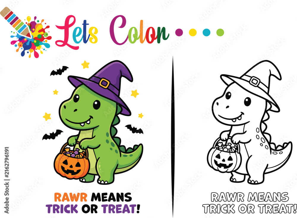 Fototapeta premium Cute Halloween Dinosaur with Candy and Pumpkin Color and Outline Illustration Set 