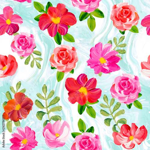 Seamless pattern of abstract pink flowers, original hand drawn