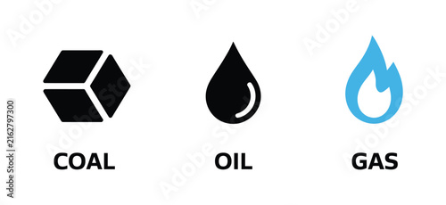 Coal Oil Gas Symbol Icons Representing Fossil Fuels, Energy Resources, Petroleum Industry, Mining, Power Generation, and Industrial Production